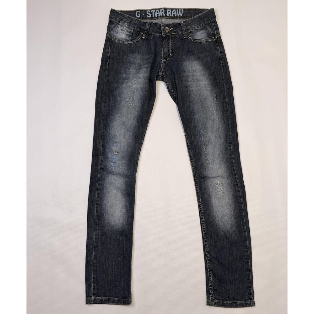 G Star Raw Jeans Mens 30 Dark Wash Blue Slim Straight Denim Distressed Pants